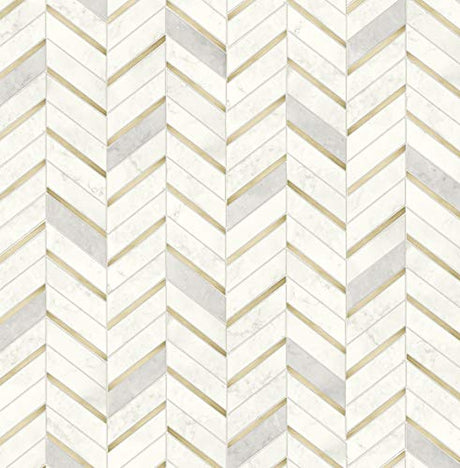 NextWall Chevron Faux Marble Tile Peel and Stick Wallpaper (Metallic Gold & Pearl Gray) NextWall