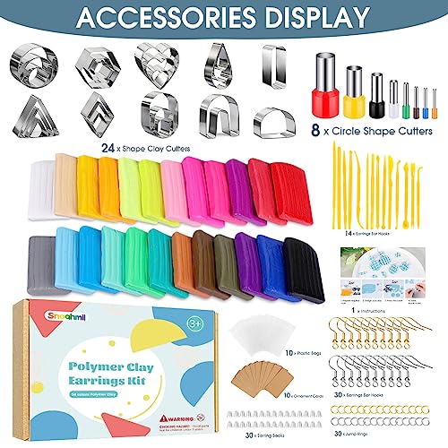 Snoghmil Polymer Clay Earrings Making Kit with 32pcs Polymer Clay Cutters,  24pcs Oven Bake Clay, 30 Set Earring Rings&Hooks, Modeling Clay Jewelry