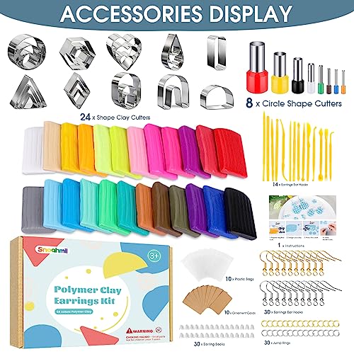 Snoghmil Polymer Clay Earrings Making Kit with 32pcs Polymer Clay Cutters, 24pcs Oven Bake Clay, 30 Set Earring Rings&Hooks, Modeling Clay Jewelry Snoghmil