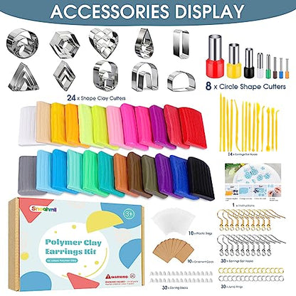 Snoghmil Polymer Clay Earrings Making Kit with 32pcs Polymer Clay Cutters, 24pcs Oven Bake Clay, 30 Set Earring Rings&Hooks, Modeling Clay Jewelry - WoodArtSupply