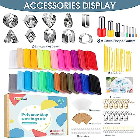 Snoghmil Polymer Clay Earrings Making Kit with 32pcs Polymer Clay Cutters, 24pcs Oven Bake Clay, 30 Set Earring Rings&Hooks, Modeling Clay Jewelry Snoghmil
