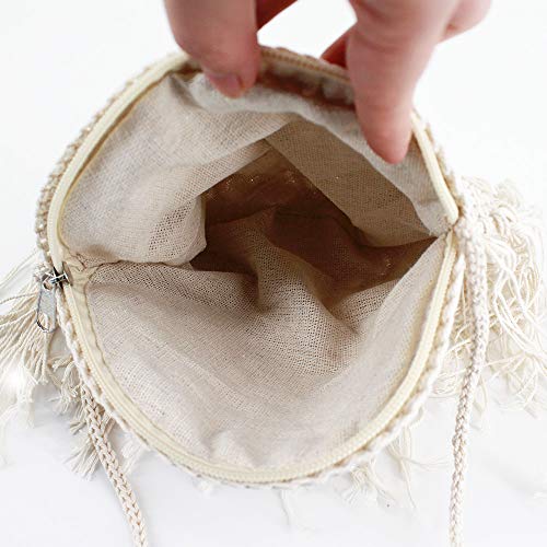 Goclothod Women Crochet Fringed Shoulder Bag Cotton Tassel Crossbody Bag Hippie Beach Purse Off-white Goclothod