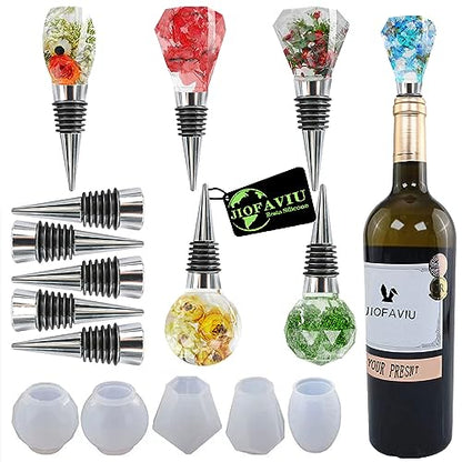 JOFAVIU 10 Pcs Resin Wine Bottle Stoppers Molds Set, Wine Stopper Silicone Molds for Epoxy Resin, Stopper Epoxy Resin Silicone Molds Set Kits (5