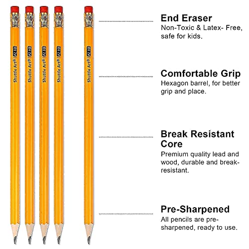 Shuttle Art Pencils and Erasers Bundle, Set of 350 Pack Sharpened Yellow Pencils + 72 Pack Premium White Erasers Bulk Shuttle Art