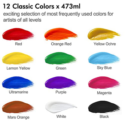 Shuttle Art Acrylic Paint, 12 Colors Acrylic Paint Large Bottle Set, 473ml/16oz Each, Rich Pigments, High Viscosity, Bulk Paint for Artists, - WoodArtSupply