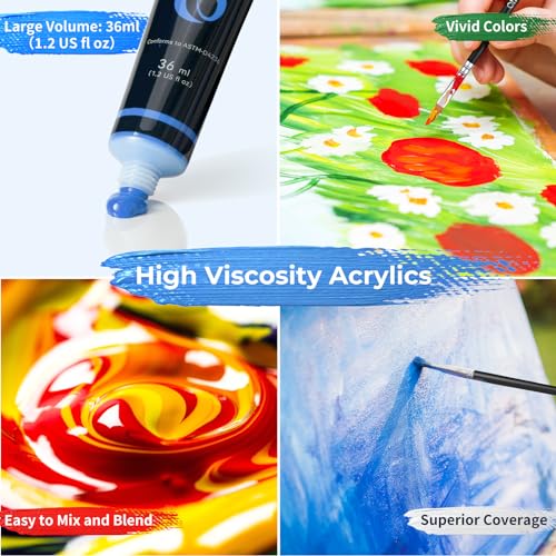 Ohuhu Acrylic Paint Set for Kids -18 Page Pad & Online Video Tutorial Series : 6 Brushes 3 Paint Canvases 1 Sponge and 12 Vivid Colors for Beginners