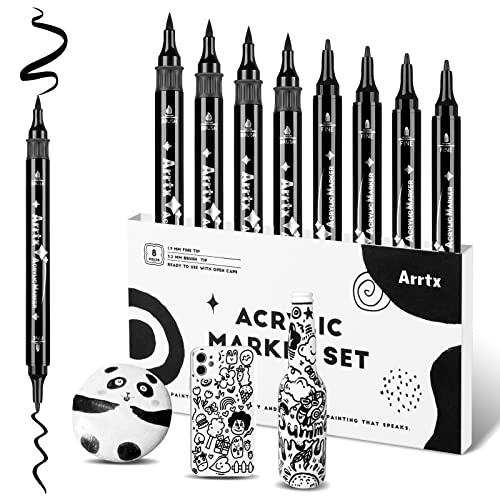 Arrtx Black Acrylic Paint Pens - 8 Pack Brush Tip and Fine Tip (Dual Tip) Black Paint Markers for Rock Painting, Water Based Acrylic Painting - WoodArtSupply