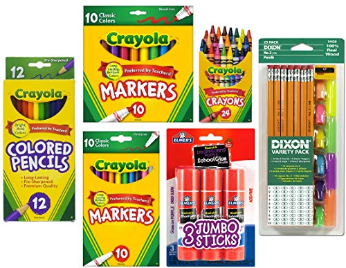 Crayola Bundle K-5 School Supplies: Crayola Markers, Pencils, Dixon Eraser Caps, Elmer's Glue Stick Crayola