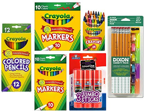 Crayola Bundle K-5 School Supplies: Crayola Markers, Pencils, Dixon Eraser Caps, Elmer's Glue Stick Crayola