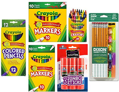 Crayola Bundle K-5 School Supplies: Crayola Markers, Pencils, Dixon Eraser Caps, Elmer's Glue Stick