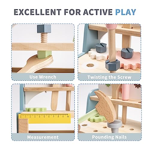 ROBOTIME Tool Bench Set for Toddlers - Mini Wooden Work Bench for Kids, Construction Toys w/Wooden Tools, Educational Pretend Play Gift Building Toy ROBOTIME