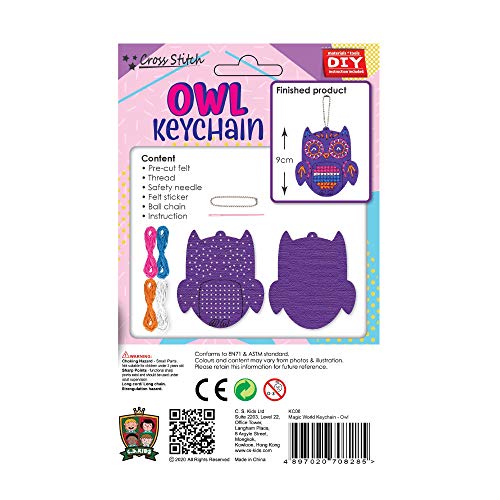C.S. Kids KC06 Owl Keychain, First Sewing Arts & Crafts Gifts - Animal Crafting Keychain | Educational DIY Cross-Stitch Sewing Kit for Kids, Sew Your C.S.KIDS