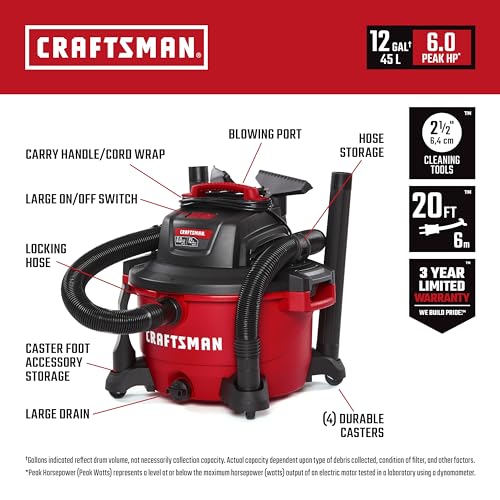 CRAFTSMAN CMXEVBE17594 12 Gallon 6.0 Peak HP Wet/Dry Vac, Portable Shop Vacuum with Attachments Craftsman