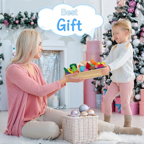 Wooden Play Food Sets for Kids Kitchen Cutting Fruits Vegetables and Meat Pretend Play Toddler Toys Food Montessori Toys Gift for Boys and Girls GOPLACS