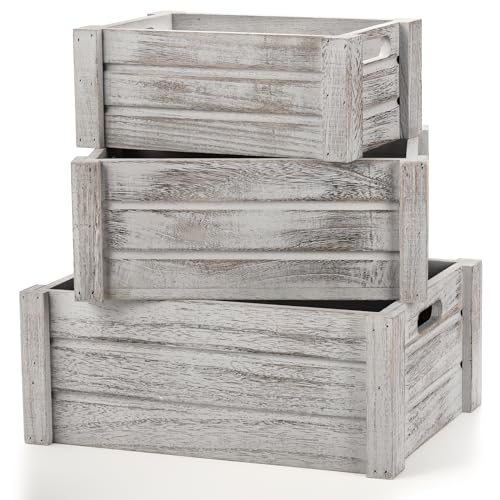 Hacaroa 3 Pack Wood Crates with Handles, Rustic Nesting Storage Container Box Decorative Wooden Basket Bins for Fruit, Vegetable, Home, Laundry, Hacaroa