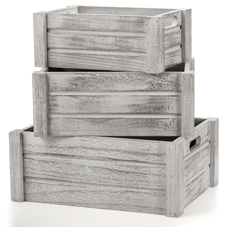 Hacaroa 3 Pack Wood Crates with Handles, Rustic Nesting Storage Container Box Decorative Wooden Basket Bins for Fruit, Vegetable, Home, Laundry, Hacaroa