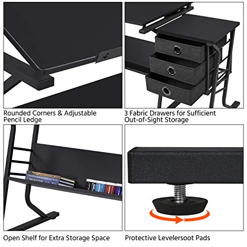 Yaheetech Drafting Table for Adults/Artists, Drawing Desk, Tabletop Adjustable Art/Craft Desk with Stool and 3 Slide Drawers, Sketching Painting Yaheetech