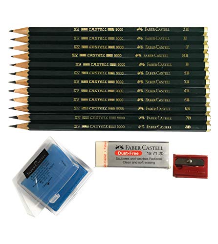 Faber-Castell 9000 Graphite Sketch Pencil Art Set (8B - 2H) with Kneaded Art Eraser, Large Dust Free Eraser and Sharpener