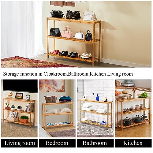 SINWANT Bamboo Console Table, 3 Tier Entryway Table with Storage, Narrow Sofa Table with Shelves,Entrance Table for Entryway,Living Room, Foyer, SINWANT