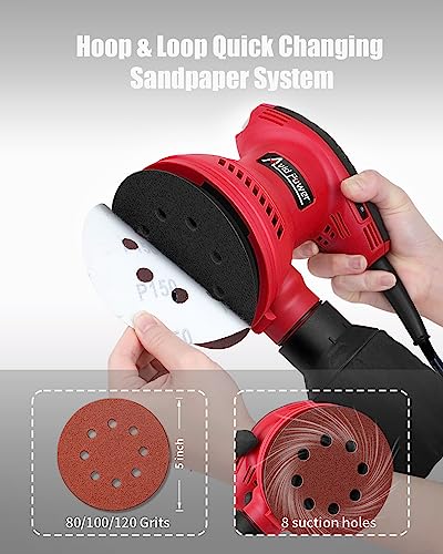 AVID POWER Orbital Sander 3.0 Amp 5 Inch Random Orbit Sander 6 Variable Speeds Electric Wood Sander Tool for Woodworking, 7000-14000 RPM, 12 Pcs AVID POWER