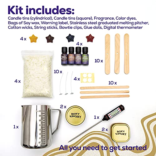 Roxy Epoxy DIY Candle Making Kit Gold - Complete Supplies Set to Make Your Own Candles - Includes 2lb Soy Wax, Candle Tins, Fragrances, Color Dyes, Roxy Epoxy