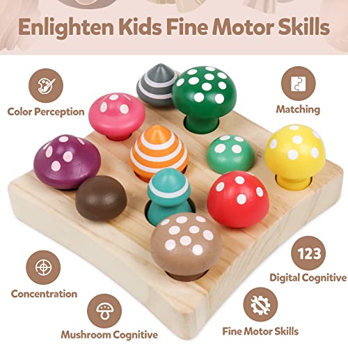 NAODONGLI Wooden Montessori Toys for Toddler,Educational Toys for 3 Year Old,STEM Toys Mushroom Harvest Game,Learing Shape Sorting & Number NAODONGLI