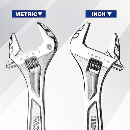 WORKPRO 10" Adjustable Wrench, Heavy Duty Spanner with Inch/Metric Scale, Premium Cr-V Steel, Chrome Plated - WoodArtSupply