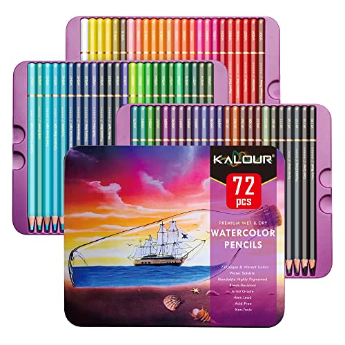 KALOUR Professional Watercolor Pencils, Set of 72 Colors,Numbered and Lightfastness,Water-soluble Colored Pencils for Adult Coloring Book,Water Color