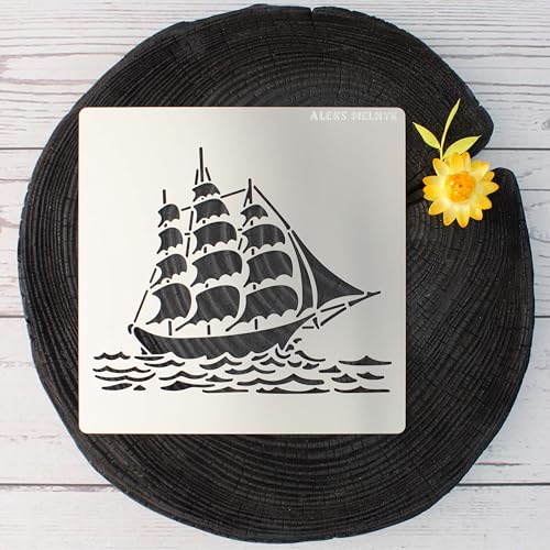 Aleks Melnyk No.475 Metal Stencil, Sailing Ship, Pirate Transport, Small Stencil, 1 PC, Template for Wood Burning, Engraving, Crafting, Scrapbook