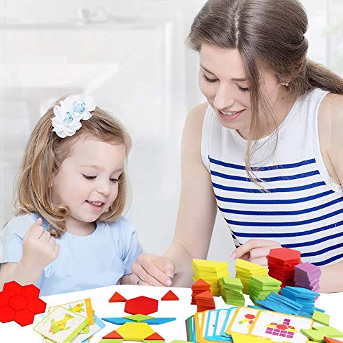 LovesTown 209 PCS Wooden Pattern Blocks, Geometric Shapes Blocks Pattern Blocks with Cards Tangram Puzzles for Kids Educational Tangram Toys LovesTown