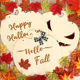 Whaline 5 Pieces 11.6 Inch Thanksgiving Unfinished Wood Pumpkin Cutout with 80Pcs Fake Maple Leaves Ribbons Hemp Rope Fall Pumpkin Wooden Slices for Whaline