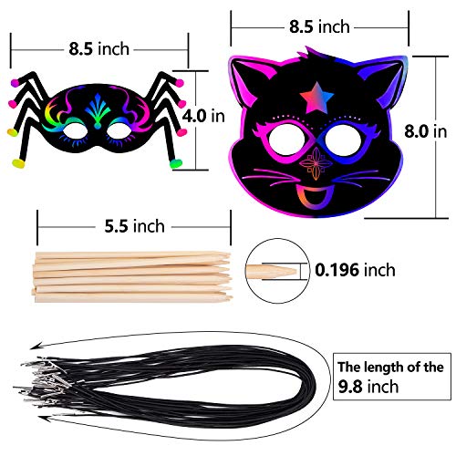 KXCOFTXI Halloween Mask Craft Kit for Kids, 52 Pcs Kids Magic Scratch Paper Animal Masks, DIY Rainbow Scratch Art Masks for Halloween and Animal