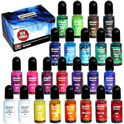 Alcohol Ink Set - New Improved Formula - 24 Highly Saturated Alcohol Inks - Fast-Drying and Permanent Inks - Versatile Alcohol Ink for Epoxy Resin, - WoodArtSupply