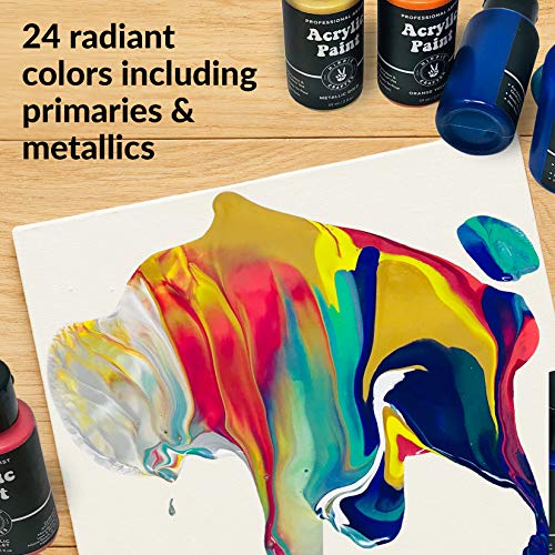 Paint Pouring Acrylic Paint Kit Ready to Pour Art and Liquid High Flow Painting Supplies Bulk 24 Color Craft Set with Metallics Fluid Acrylic Medium HIPPIE CRAFTER