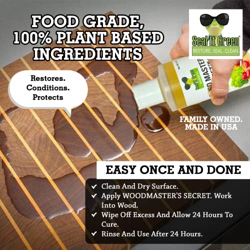 Wood Master's Secret 3 In1 Cutting Board Oil, Conditioner, Sealer FDA Food Safe Restores Conditions Lasts 3 Yrs Zero Toxic Mineral Oil Food Grade Seal It Green