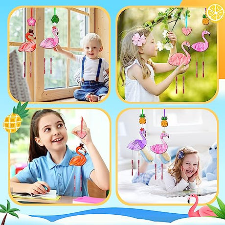 16 Pack Wind Chime Kits for Kids, Make Your Own Summer Flamingos Wind Chime DIY Coloring Heart Flower Pineapple Wooden Arts and Crafts Birthday Gifts TREACLUB