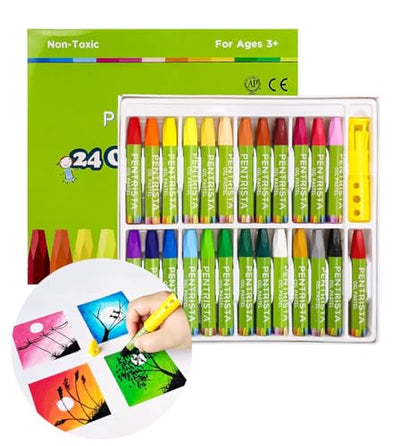PENTRISTA Oil Pastels,24+1 Assorted Colors+1 Sharpener and 1 Pastel Holder, Oil Pastels for Kids Indoor Activities At Home,Non-Toxic Oil Pastel