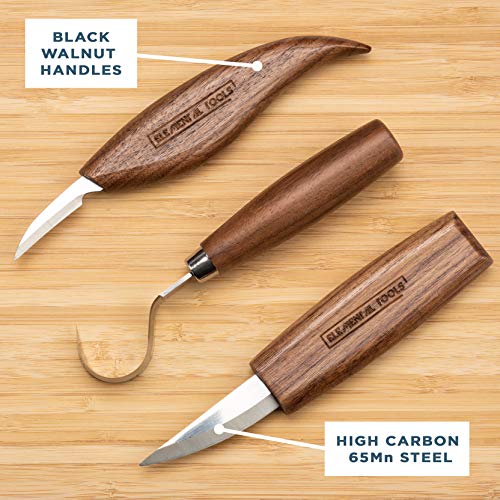 Elemental Tools 9pc Wood Carving Tools Set - Hook Carving Knife, Whittling Knife, Detail Wood Carving Knife For Spoon, Bowl, Kuksa Cup Or General