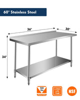 Stainless Steel Prep Worktable 60 x 24 in Sturdy Durable Baffle and Undershelf Restaurant Kitchen Practical Adjustable Workbench FAHKNS