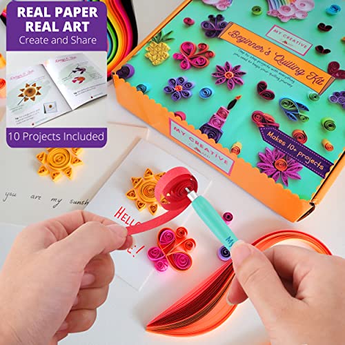 MY CREATIVE CAMP Beginner's Quilling Kit - DIY Craft Kit for Kids and Adults - 10 Projects with Instructions, Storage Box, Gem Stickers, Tools, - WoodArtSupply