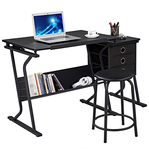 Yaheetech Drafting Table for Adults/Artists, Drawing Desk, Tabletop Adjustable Art/Craft Desk with Stool and 3 Slide Drawers, Sketching Painting Yaheetech