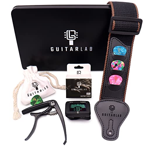Guitar Accessories Kit - Premium Metal Tin with Guitar Strap, Capo, Tuner & Picks for Acoustic, Bass, Electric & Ukelele Guitars Guitar Lab