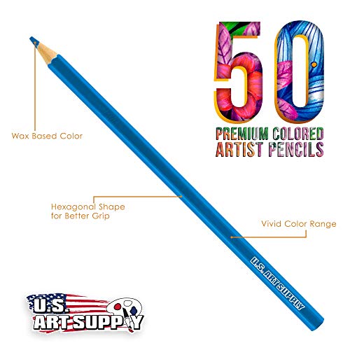U.S. Art Supply 50 Piece Adult Coloring Book Artist Grade Colored Pencil Set -Vibrant Colors, Smooth Art Drawing, Sketching, Shading, Blending - Fun U.S. Art Supply