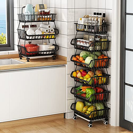 KOLENSA Metal Wire Baskets with Wheels, Stackable Storage Bins Kitchen Organizer Shelf 3-4-5-6 Tier Fruit Vegetable Cart Dishes Seasonal Rack Shelves KOLENSA