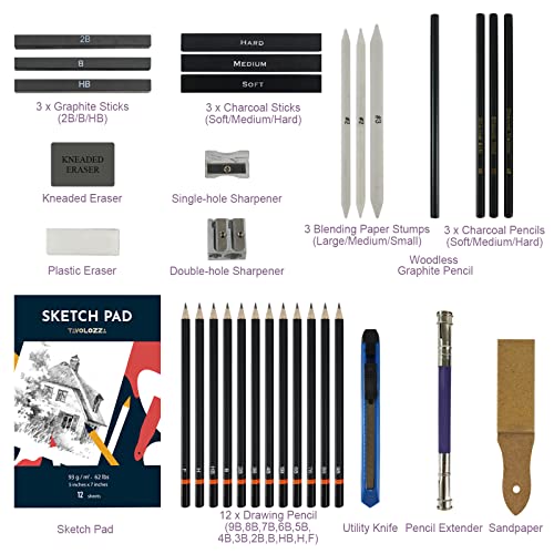 Tavolozza Drawing Art Pencils Set, 34 Pack Professional Drawing and Sketch Pencil Set in Soft-Sided Art Portfolio Storage Bags for Kids, Teens and Tavolozza Fine Arts
