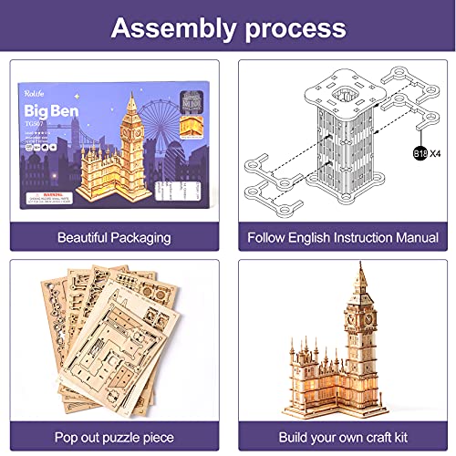 Rolife 3D Wooden Puzzles for Adults Big Ben with Lights Architecture Model and Building Kit(TG507) - WoodArtSupply