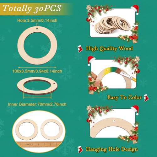 Elecrelive 30pcs 4 Inch Unfinished Wooden Wreath Frames with Hole Natural Undyed Wood Ring Slices Macrame Hoop Rings for Home Decor Hanging Ornament Aumo-mate
