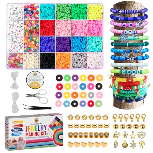 Desire Deluxe Bracelet Making Kit Necklace Clay Beads Friendship Jewelry Letter Arts & Crafts Pendant Charms Kit Elastic Rubber Strings Girls Toys - WoodArtSupply