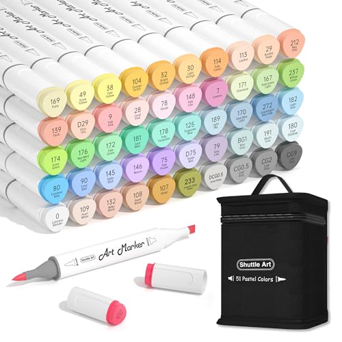 Shuttle Art Pastel Alcohol Markers Brush tip, Dual Tip Brush & Chisel Tip Art Marker Set, 50 Colors plus 1 Blender Marker Pens with Case Perfect for