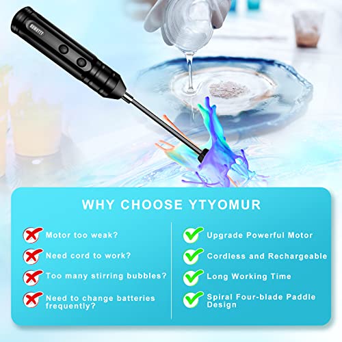 Epoxy Resin Mixer with 2 PCS Epoxy Mixer Paddles, Rechargeable Powerful and Slow Motor for Epoxy Resin, Silicone, Paint Mixing, Without Bubbles DIY YTYOMUR